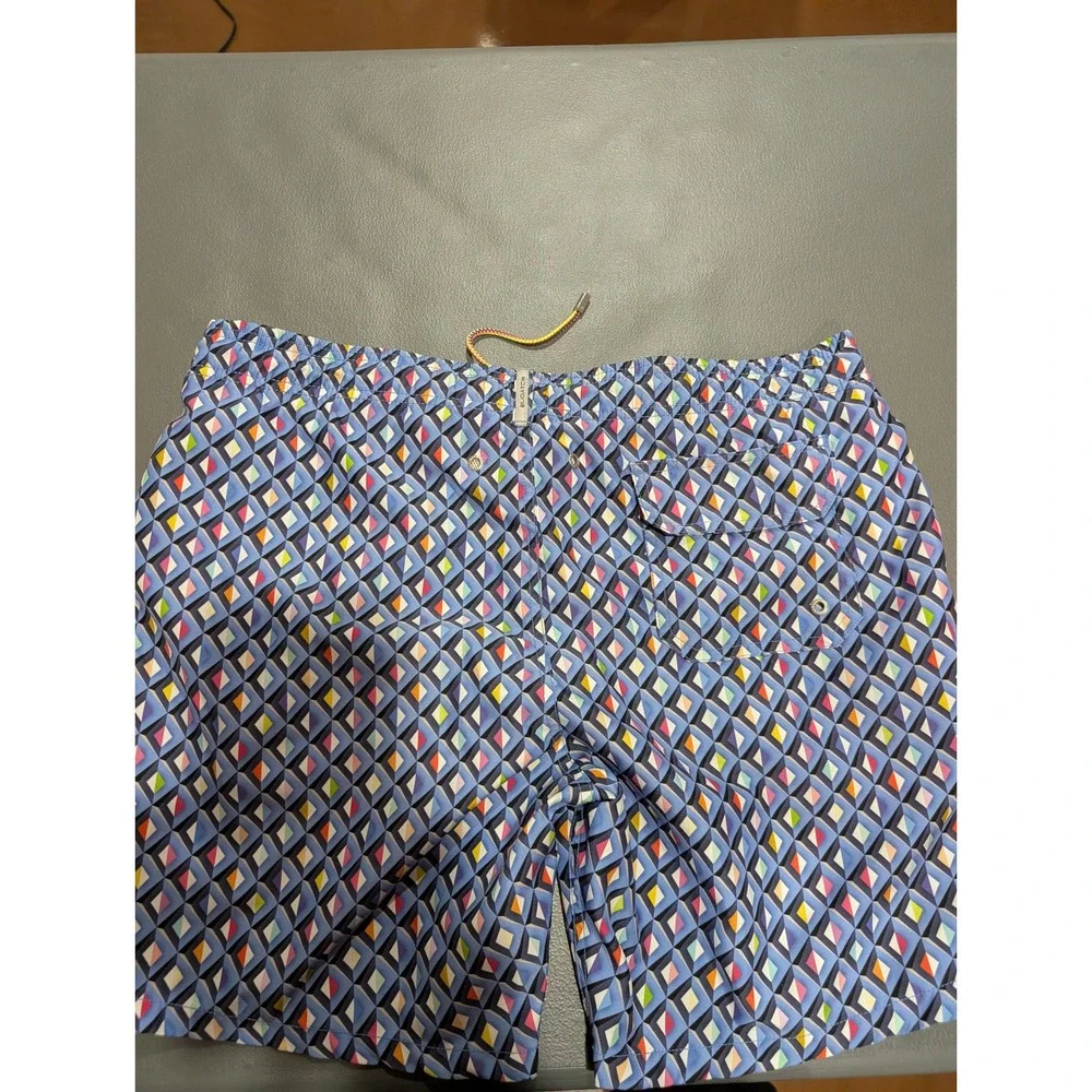 Bugatchi Mens Blue Geometric Diamond Print Swim‎ Trunks Mesh Lined Shorts Large